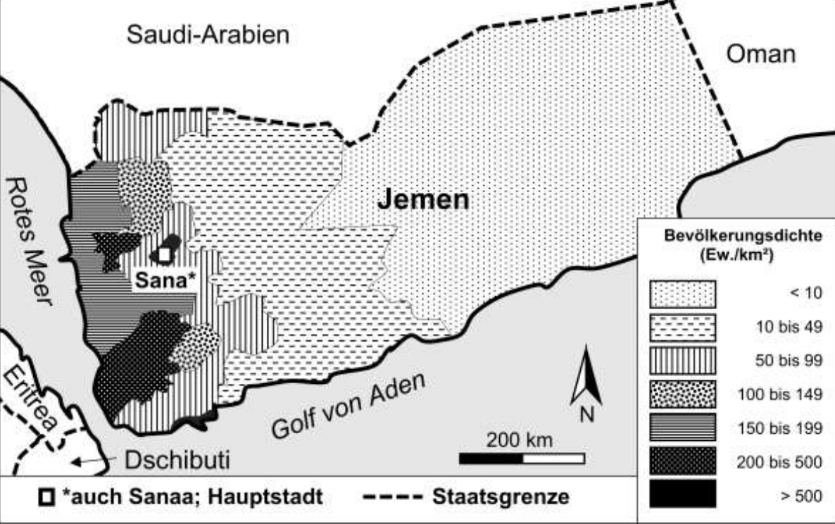Schwarz-weiß Karte von Jemen mit Bevölkerungsdichte, Sanaa, Staatsgrenzen und Legende